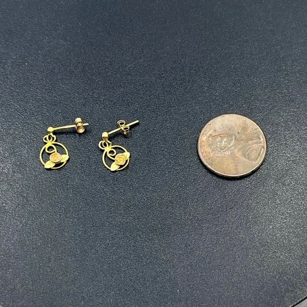 Black Hills Gold RGC 14K Vintage Marked Rose Flower Dangle Petite Earrings
